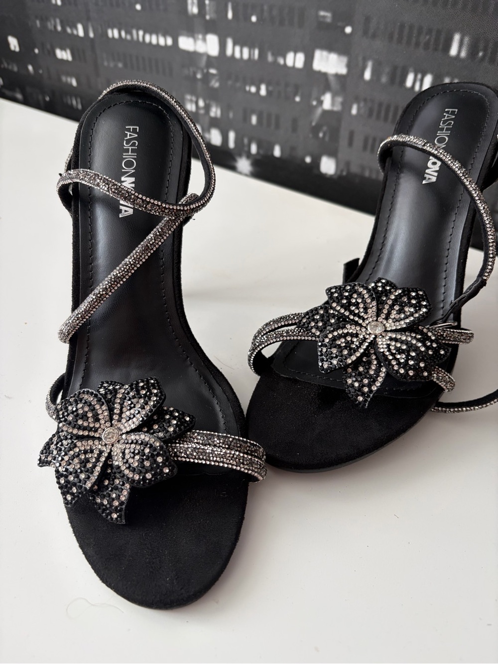 Fashion Nova Black Crystal Flower Strappy Heels